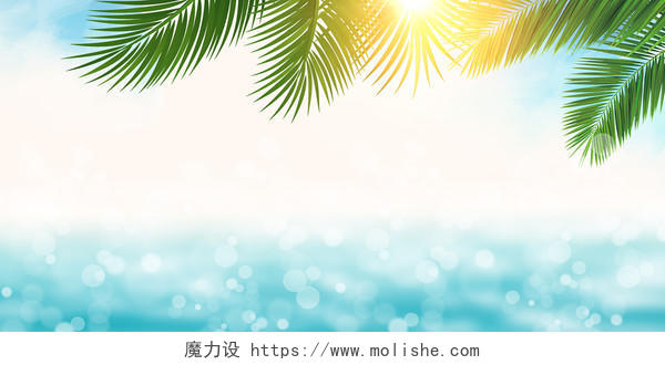 蓝色简约大海沙滩叶子阳光夏天展板背景